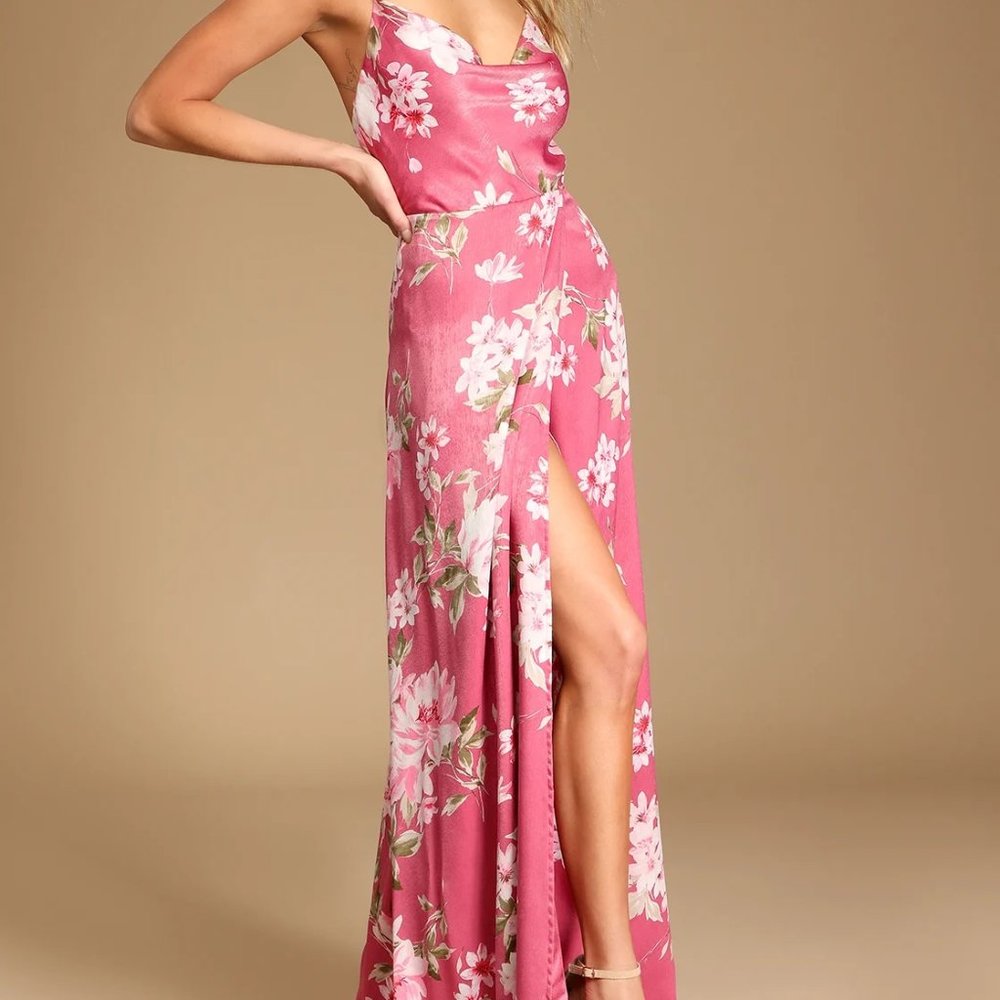 NWT Lulus Love of Romance Pink Floral Print Satin Cowl Neck Maxi Dress (XL)